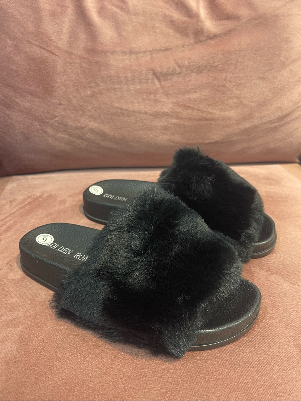 Black Faux Fur Slide Slippers for Women
